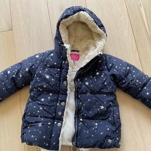 Joules Navy silver star winter quilted coat faux fur trim